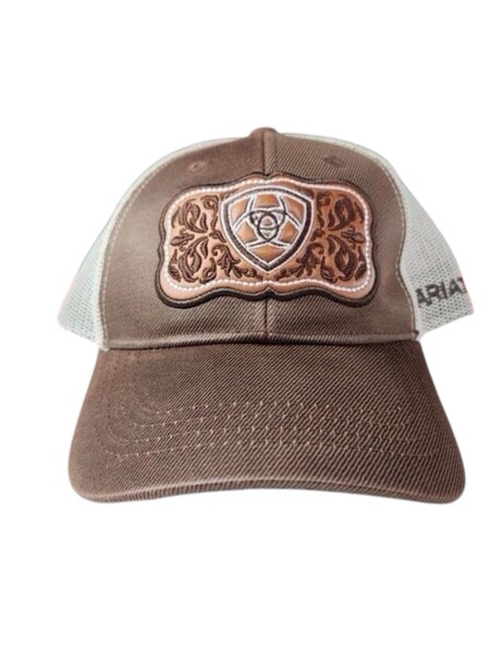 NWOT Ariat Brown Mesh Trucker Hat Leather Patch Snapback Cap Unisex - Picture 3 of 6
